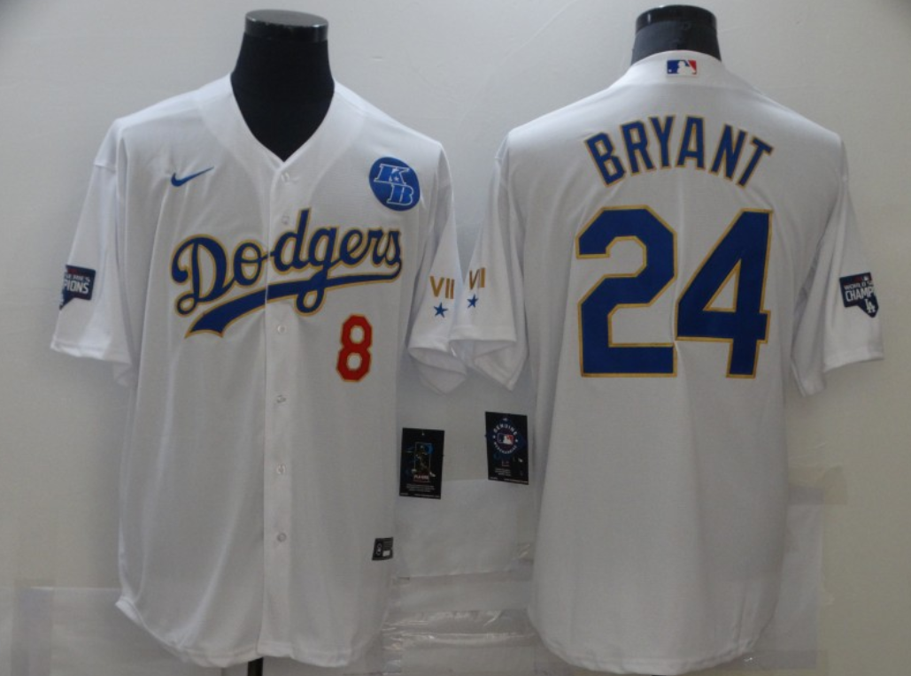 Men's Los Angeles Dodgers Front #8 Back #24 Kobe Bryant With KB Patch White Gold Championship Cool Base Stitched Jersey